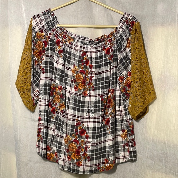 Tops - Self Floral Plaid Lace Off Shoulder Short Sleeve Blouse